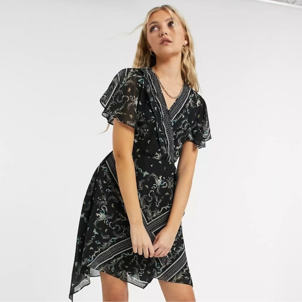 ALLSAINTS Kaiya Assam Black Butterfly Floral Print Asymmetrical Wrap Dress Sz 2